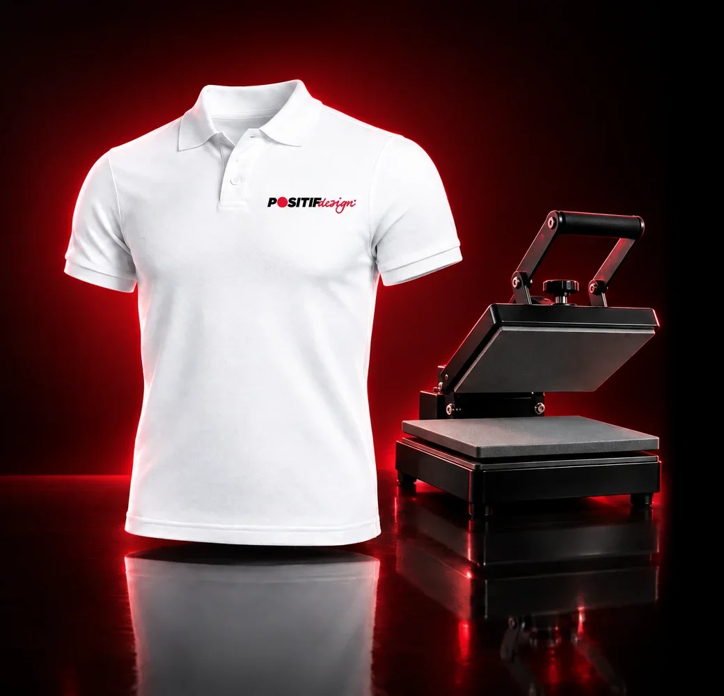 Polo blanc floqué au logo Positif Design à côté d’une presse à chaud